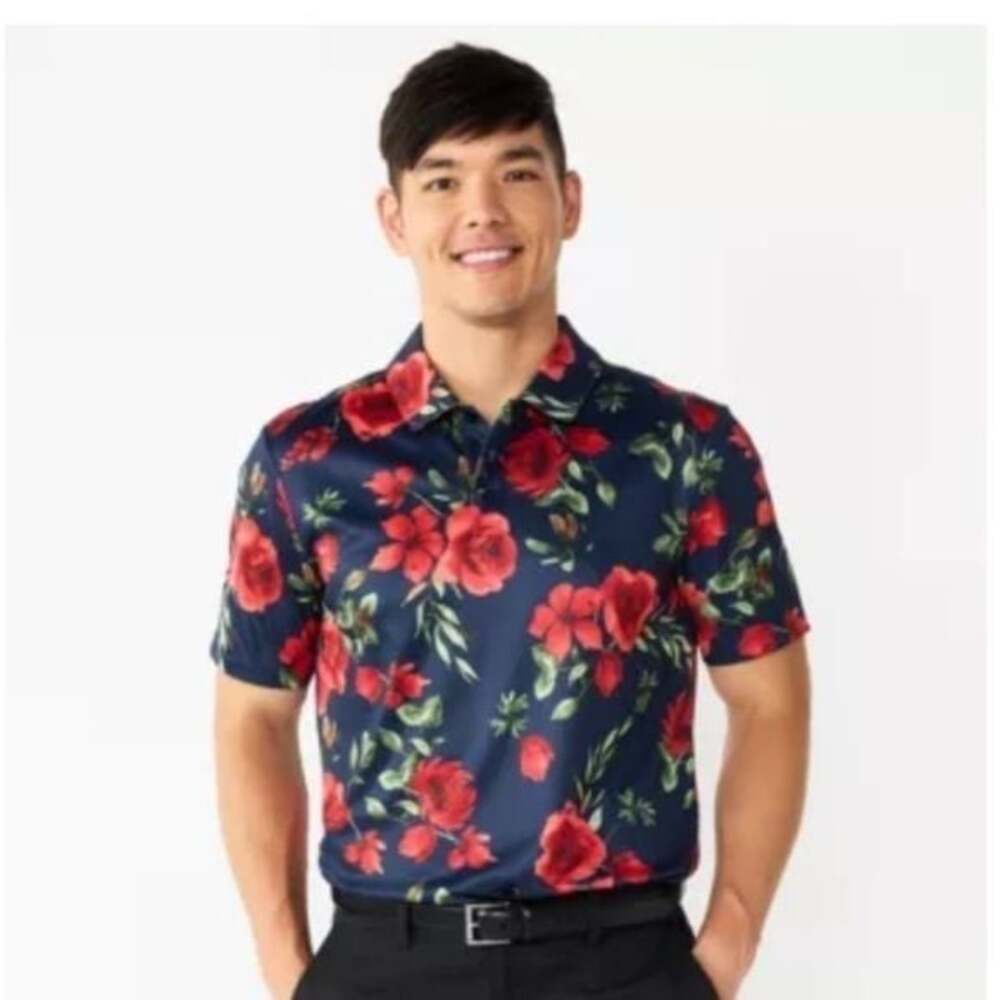 NWT Men's Tek Gear Slim-Fit Floral Polo size XL navy blue and red​​​​​​​​​